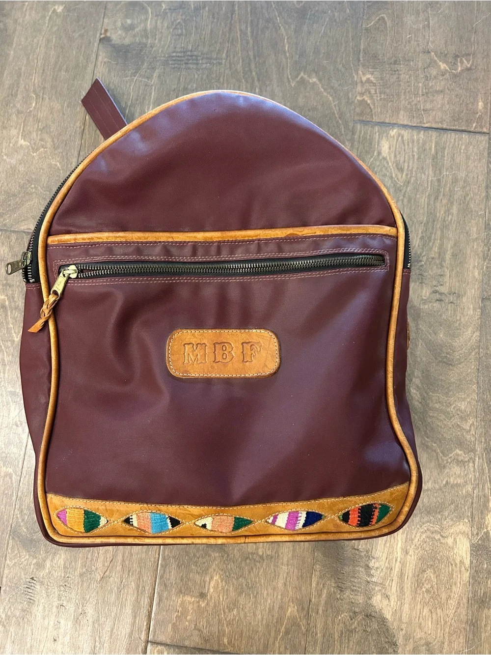 Brown Leather-Trim Burgandy Backpack